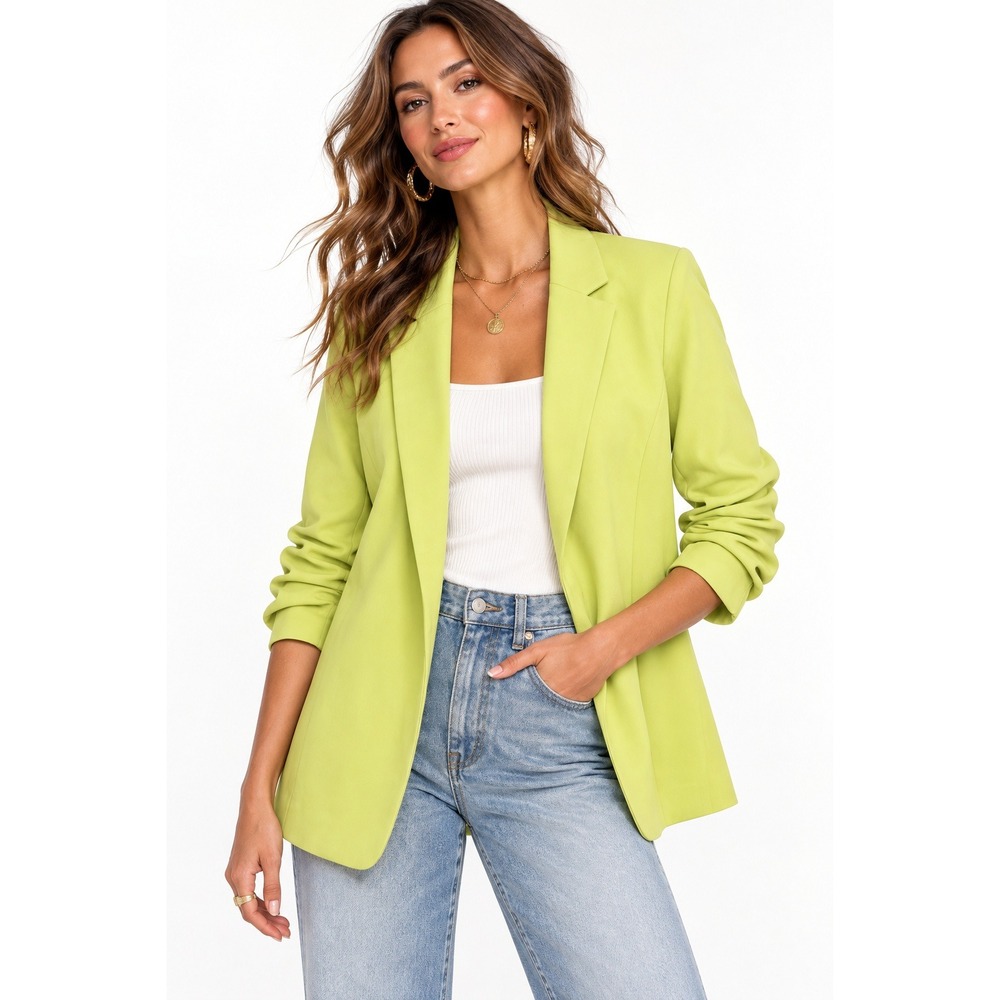 Chicos Ruched Sleeve Blazer Frozen Lime Green Open Front Jacket 3 US 16 NEW